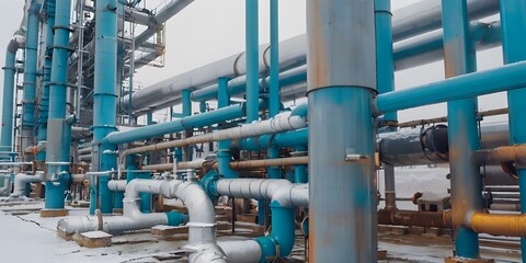 Pipelines and pipelines of oil refinery plant, close-up