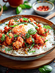 Wall Mural - A bowl of rice with meat and vegetables. The bowl is on a wooden table. The bowl is full of food and has a lot of different ingredients