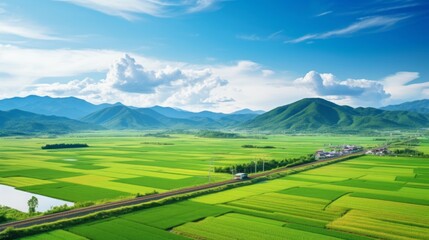Poster - A beautiful Summer Landscape with a railway through a green farmer's field against the background of the City, Mountains, Blue sky on a sunny Day. Harvest, Agriculture concepts.