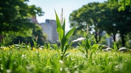 Poster - Close-up of Green Young corn plants growing in a communal garden against the background of the City on a sunny day. Harvest, Agriculture City Farmer concepts. Horizontal photo.