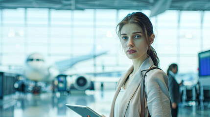 Wall Mural - A woman is standing in front of an airplane with a tablet in her hand. She looks tired and is wearing a suit