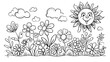© PSCL RDL - cute coloring page with simple garden flowers and a cartoon sun for kids