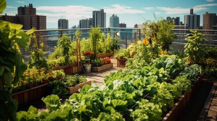 Poster - A green vegetable garden with vegetables and herbs on the roof in the City on a sunny Summer day. Harvest, Agriculture, Farming concepts. Horizontal photo.