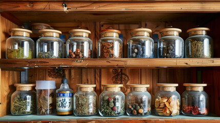 Wall Mural - A traditional Chinese herbal medicine cabinet with jars of dried herbs and ingredients used in conjunction with acupuncture treatments.