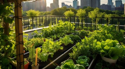 Poster - A green vegetable garden with vegetables and herbs on the roof in the City on a sunny Summer day. Harvest, Agriculture, Communal Farming concepts. Horizontal photo.