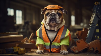 Wall Mural - A bulldog construction worker in a safety vest, operating machinery