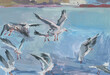 Seagulls sea gouache painting. Beautiful graceful birds fly over the water. The illustration is colorful handmade. Contemporary art. Layout for the design of postcards, notebooks, websites. Wildlife
