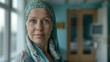 Portrait of the patient woman after chemotherapy female cancer patient wearing head scarf_ai_generated