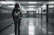 solitary teenage girl stands in a school hallway, her eyes downcast, her posture and expression revealing signs of depression, stress, and the heavy weight of bullying