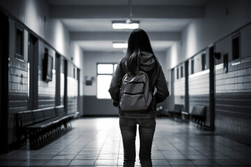 Wall Mural - solitary teenage girl stands in a school hallway, her eyes downcast, her posture and expression revealing signs of depression, stress, and the heavy weight of bullying