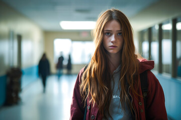 solitary teenage girl stands in a school hallway, her eyes downcast, her posture and expression revealing signs of depression, stress, and the heavy weight of bullying