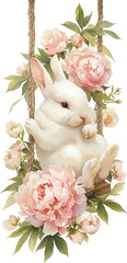 Sticker - Rabbit sitting on flower swing isolated on transparent background. PNG