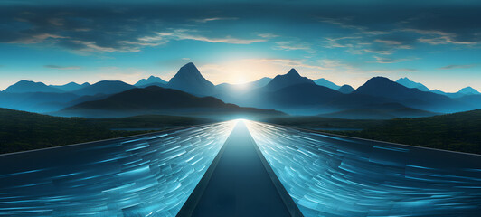 water The road cuts through the mountains to the ocean art background 20:9, ai generative