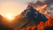 Mountain landscape with red forest and snowcapped peaks at sunset. Generative AI.