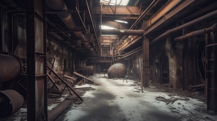 Poster - Abandoned factory with snow covered floor. Industrial indoor background.