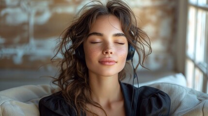 Wall Mural - closeup portrait of a beautiful brunette woman in her 20's with close eyes sitting relaxed on the couch and listening to music via headphones