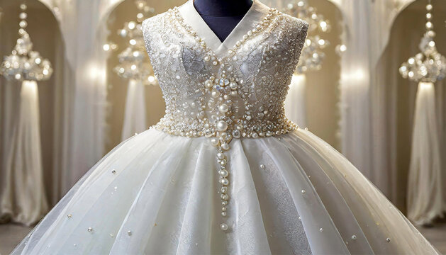 Shining pearl details on the neckline and waist of an elegant wedding dress in a bridal shop