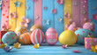 A collection of beautifully decorated Easter eggs and presents arranged against a striped colorful backdrop