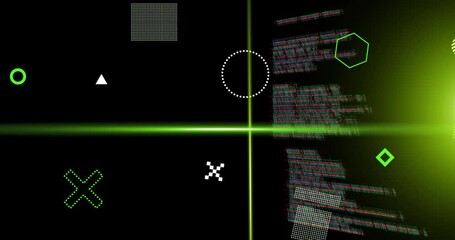 Animation of green scanner beams and rotating shapes over data processing on dark background