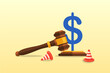 © Art of Ngu - Justice gavel with dollar money symbol and accident pylons, workers compensation, insurance providing wages replacement, employee injured benefit, legal or law to compensate payment (Vector)