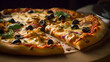 A freshly baked pizza with melted cheese, olives, peppers, and a golden crust on a wooden table