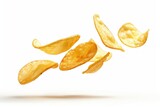 Fototapeta Dinusie - Flying potato chips on a white background. AI generative