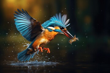 Kingfisher catching a fish in a river, European kingfisher (alcedo atthis) flying  from water with caught fish, Ai generated