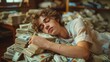 Illustration of  young man tired, lying on a pile of money