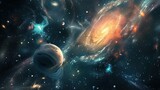 Fototapeta  - Space background with galaxy. Celestial, stars, universe, cosmic, astronomy, stellar, galactic, interstellar, nebula, deep space, cosmic landscape. Generated by AI