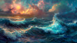 Turbulent ocean waves under a stormy sky with the sun illuminating the clouds in a dynamic seascape.