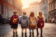 © Tanu - Little friends with school bags on the school, school children with backpack ready to go to school, Ai generated