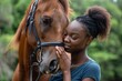 Tender moment between a plus-size African American woman and a horse in a summer setting.