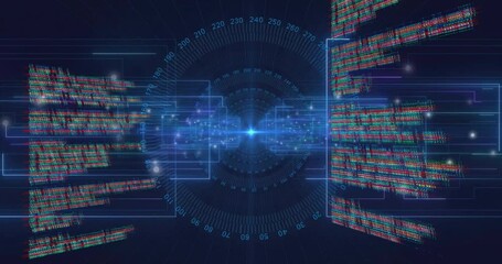 animation of text data processing over blue circular scanner, interface outlines and light spots