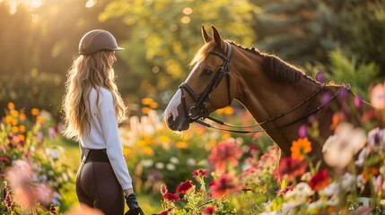 April Showers - A woman wearing a helmet and riding a horse in a flower-filled field, possibly during a sunny day. Generative AI