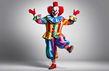 full length portrait of a clown on plain studio background, good for 1 april fool's day banner, space for text. High quality illustration