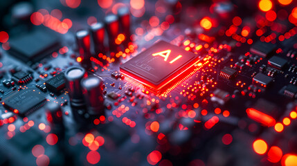 Poster - Advanced computer processor chip with AI acceleration in dark digital environment.