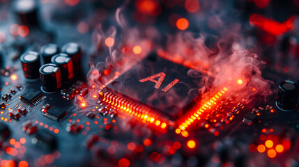 Poster - Advanced computer processor chip with AI acceleration is burning in dark digital environment.