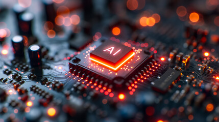 Poster - Advanced computer processor chip with AI acceleration in dark digital environment.