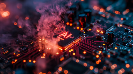 Poster - Advanced computer processor chip with AI acceleration is burning in dark digital environment.