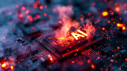 Poster - Advanced computer processor chip with AI acceleration is burning in dark digital environment.