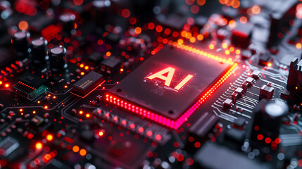 Poster - Advanced computer processor chip with AI acceleration in dark digital environment.