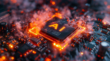 Poster - Advanced computer processor chip with AI acceleration is burning in dark digital environment.