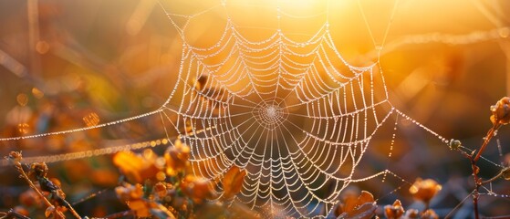 Sunrise illuminating a dew-covered spider web in nature