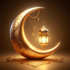 Golden crescent moon with one lanter, arabic holiday design, Ramadan background, Celebrating Ramadan