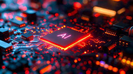 Poster - Advanced computer processor chip with AI acceleration in dark digital environment.