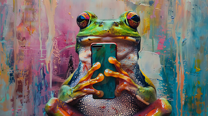 Wall Mural - frog with  mobile phone