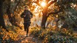 Young man running in the forest at sunset. Healthy lifestyle concept.