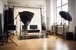 Interior of modern photo studio with professional equipment. Blurred background