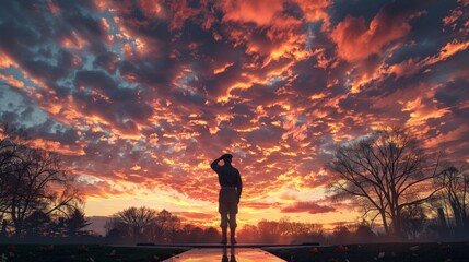 Wall Mural - Silhouette of a soldier standing against a dramatic sunset sky