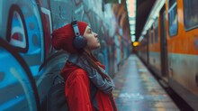 Young Woman Enjoying Music With Headphones In A Vibrant Subway Station